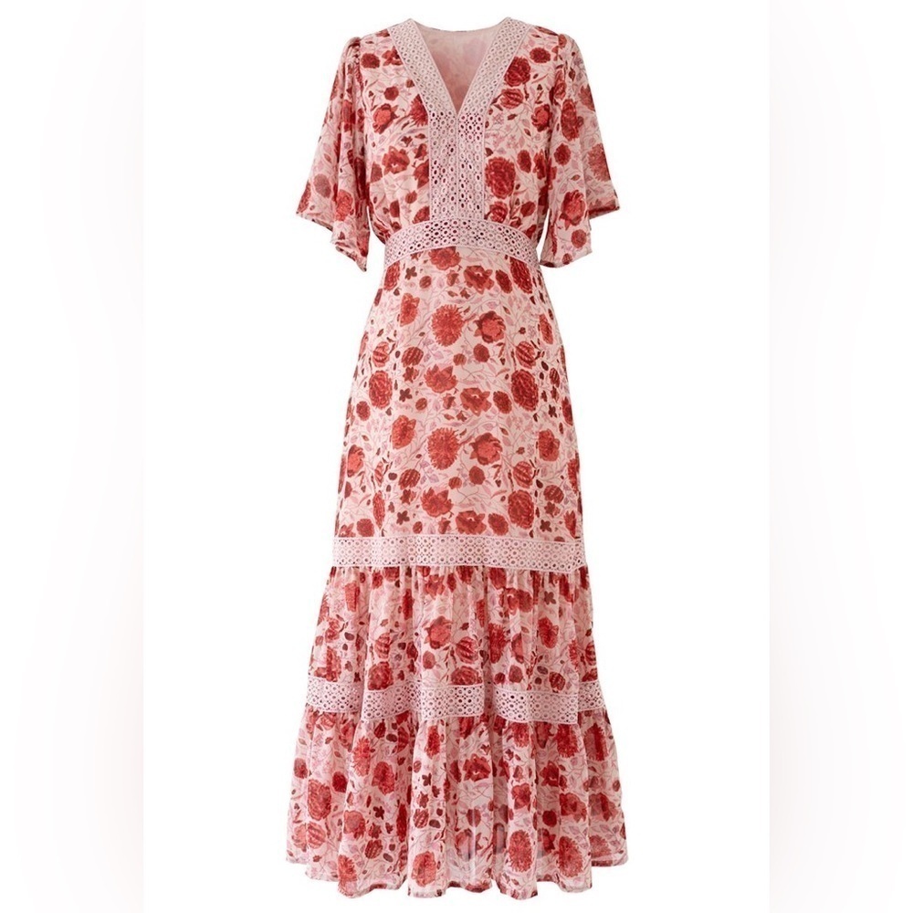 Small cottagecore boho tier ROTES GEHÄKELTES CHIFFON-KLEID MIT BLUMENMUSTER - Picture 3 of 11